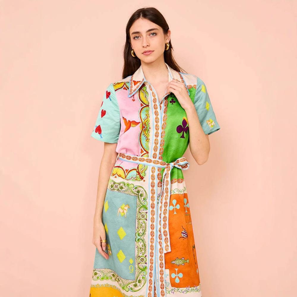 Nuova collezione primaverile abbigliamento donna temperamento moda cardigan stampato con risvolto e cinturino vestito