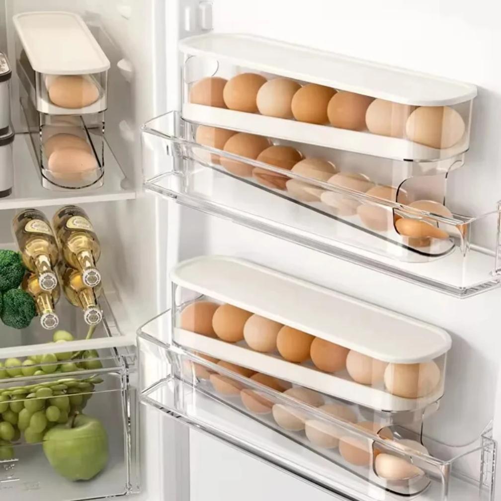 Bilayer Fridge Egg Storage Box Automatic Rolling Eggs Holder Rack Ladder Style Refrigerator Eggs Dispenser Egg Organizer Holder