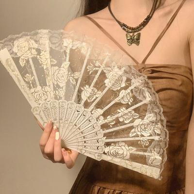 Ventilator pliabil cu flori de trandafir din dantelă, epocă, ușor, portabil, de vară, de mână, decorare, accesorii pentru spectacole de dans, accesorii pentru petreceri