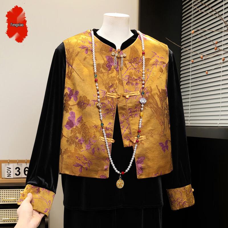 

Новый китайский стиль Золотой бархат Вышитая жилетка Три предмета 2XL