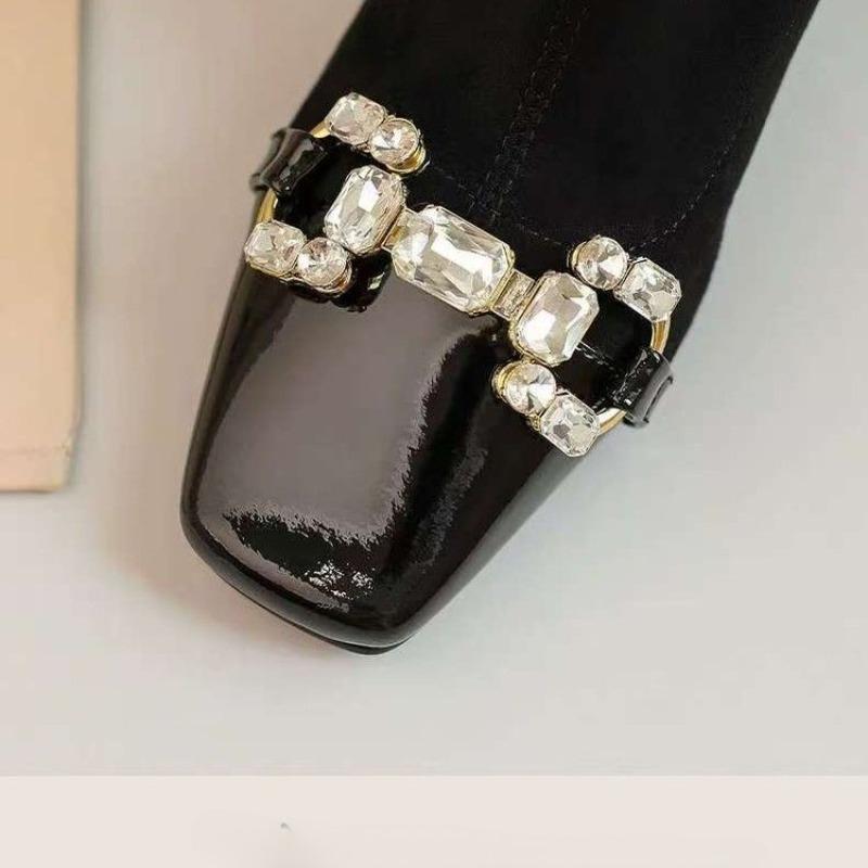 Rhinestone Buckle Booties Women's Fashion Square Toe Paneled Suede Non-Slip Wear-Resistant Heels