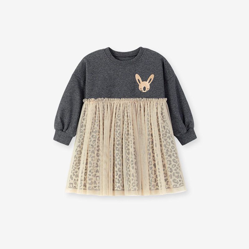 Clothing Girls round Neck Long sleeve dress Spring and Autumn Mesh Children Children Shirt Skirts Sweet and Cute Cartoon Baby Children Shirt S 3203 7Y (140cm)
