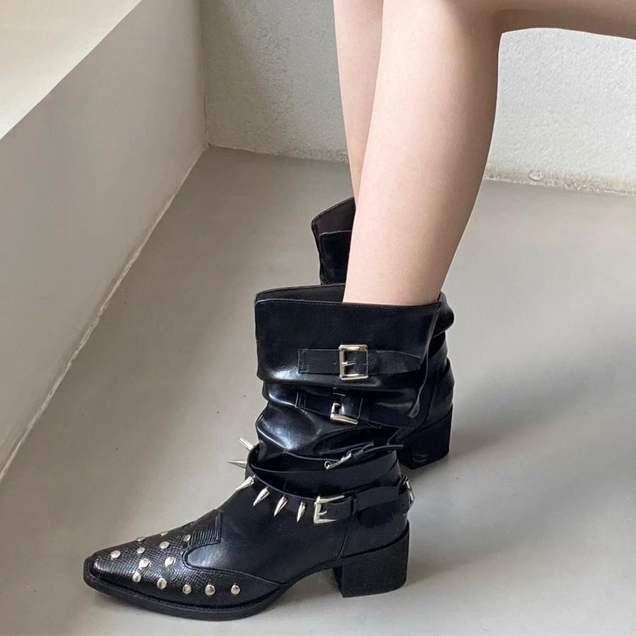 Short Boots Women's Thick Heel Versatile Retro Chelsea Boots 2025 New Western Cowboy Boots Rivet Middle Heel Martin Boots