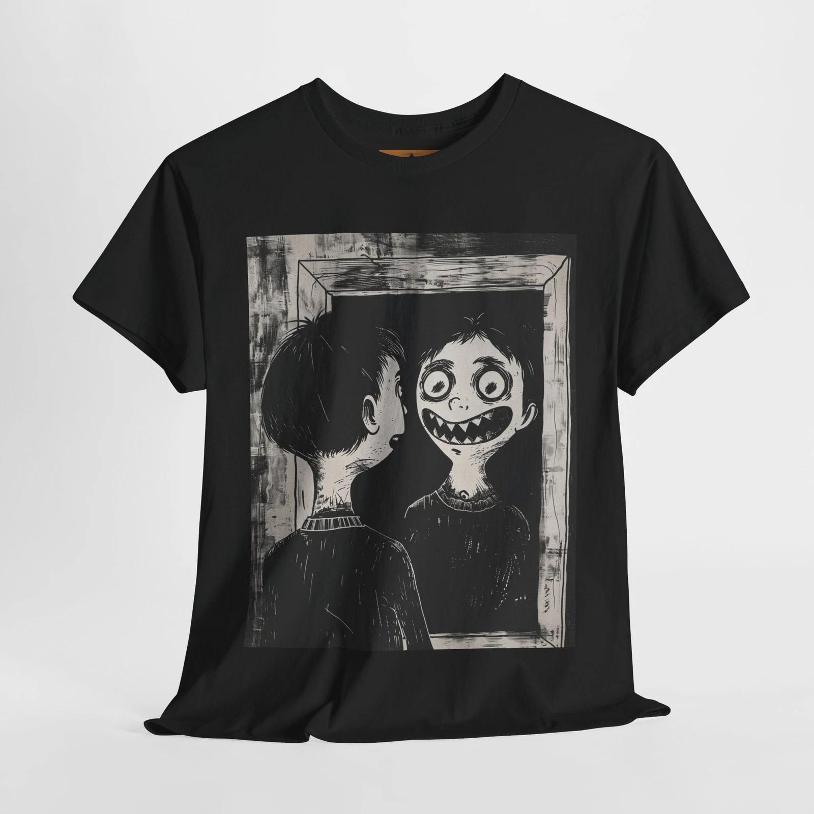 Жуткое Зеркальное Отражение Футболка – Искаженное Лицо и Жуткая Улыбка Хоррор Арт 3XL