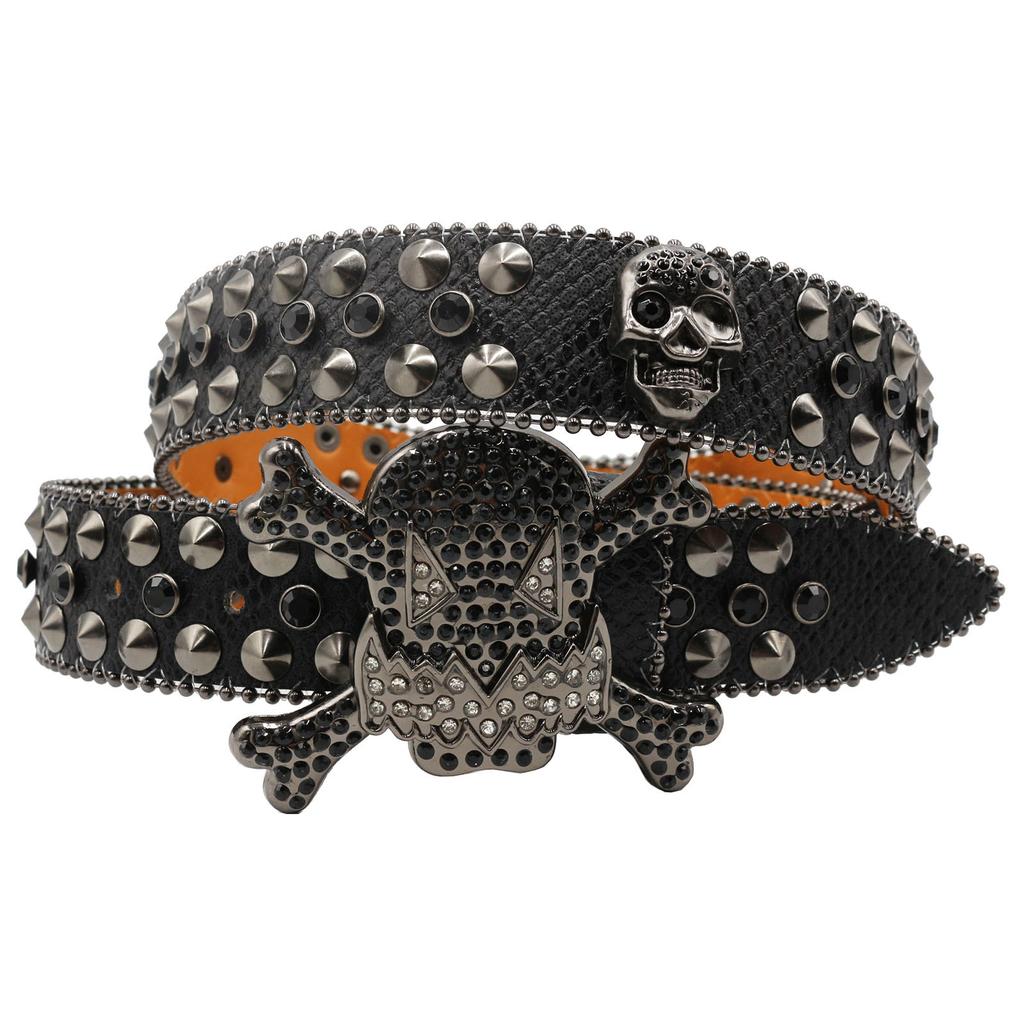 New Bat Buckle Head Rhinestone Belt European and American BB Belt Design Skull Belt