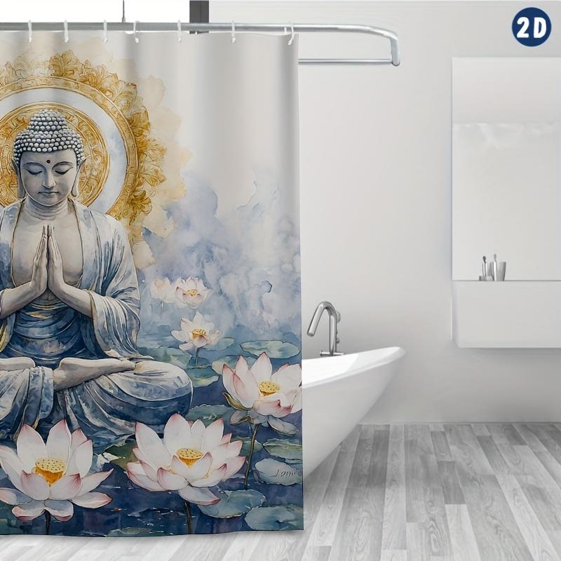 1pc Buddha Sitting Cross-Legged Meditation Shower Curtain, Lotus & Watercolor Design for Spiritual Bathroom Decor