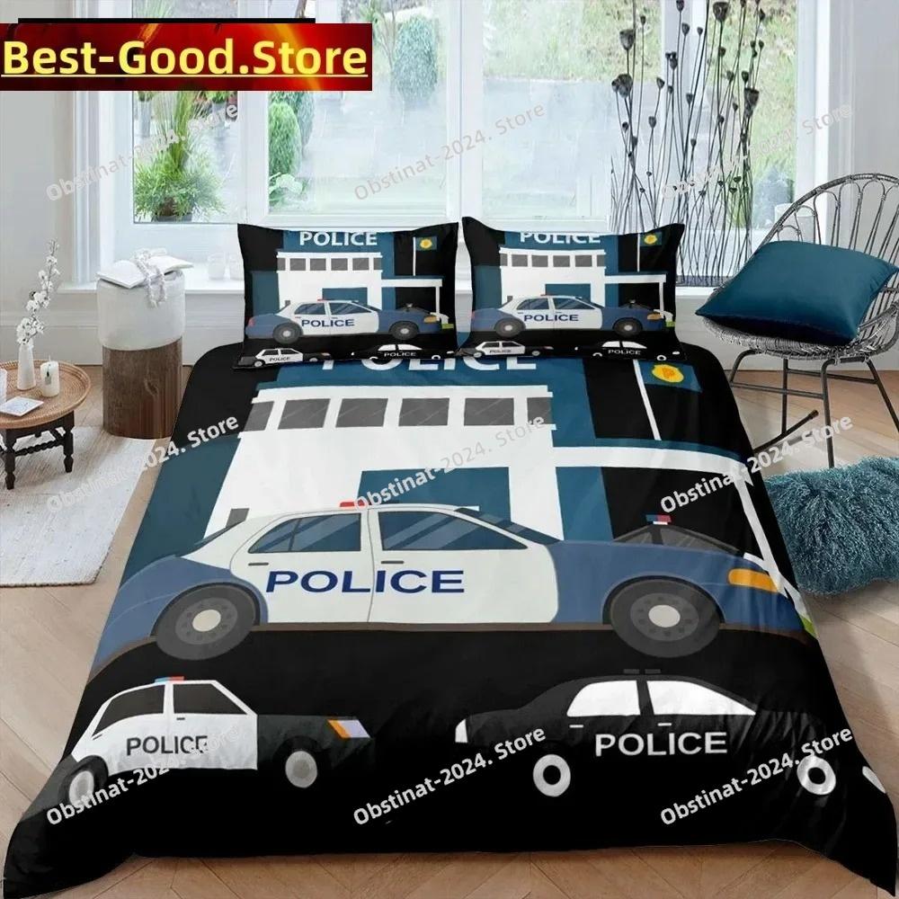 Copripiumino King Queen Auto della Polizia Set Biancheria da Letto Auto Cartone Animato Bambini Ragazzi Blu Grigio Veicoli di Emergenza Copripiumino in Poliestere