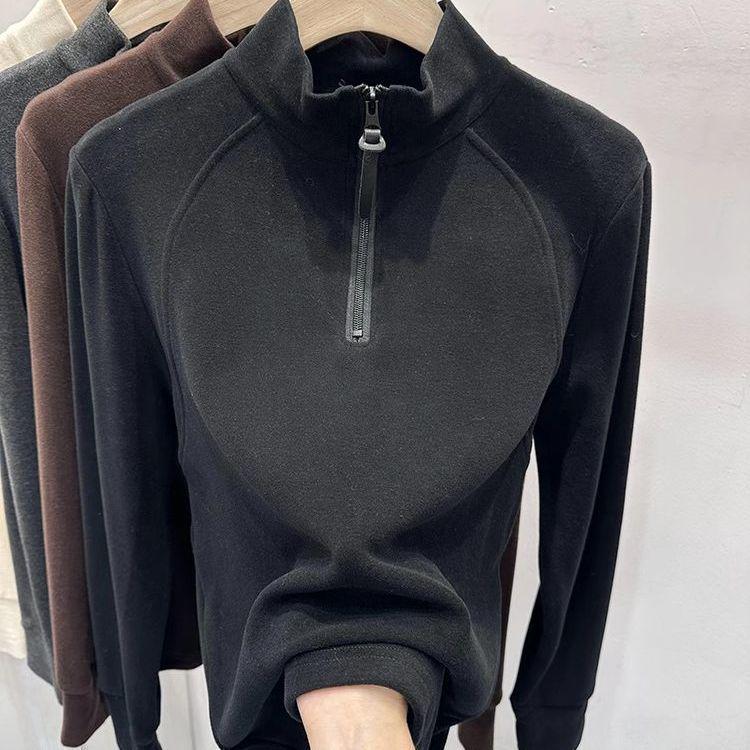 Korean Style Fleece Zipper Top - Slimming Half-High Collar, Long-Sleeve, Solid Color (2024 Autumn/Winter)