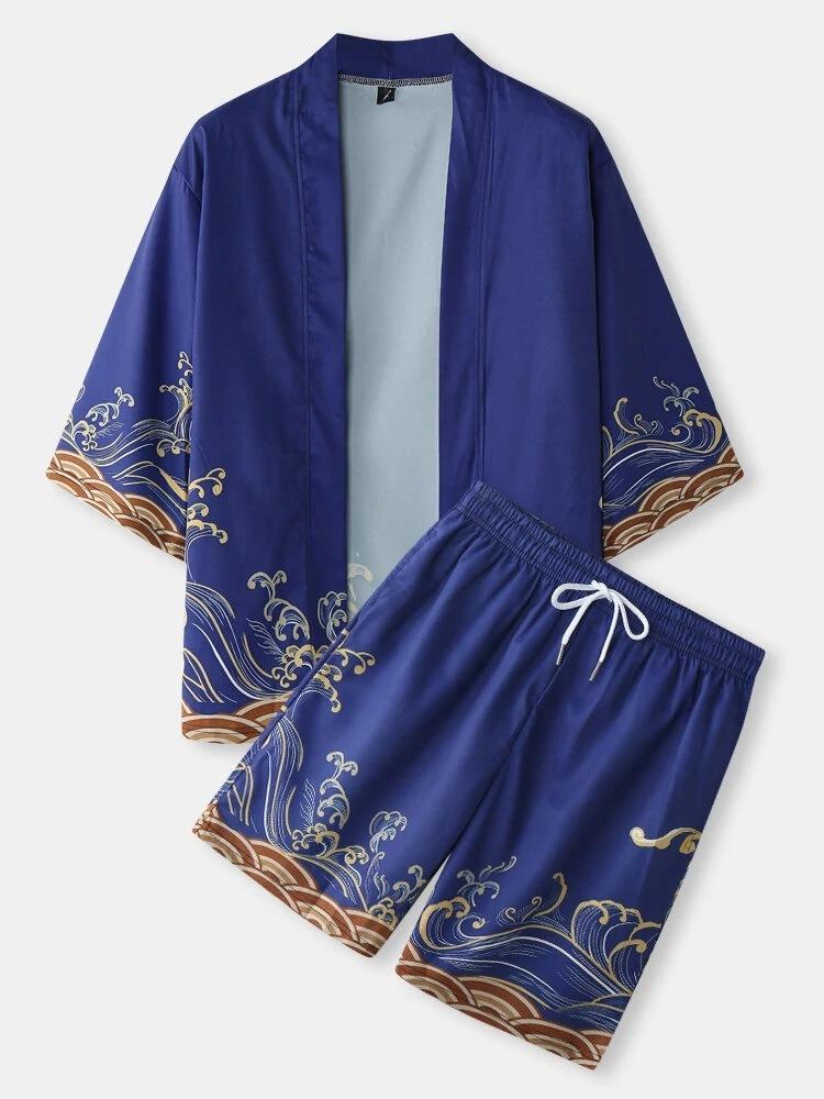 2026 New national style Hawaiian vacation ukiyo-e painted seven-quarter-sleeved Taoist robe 3D printed carp kimono cape