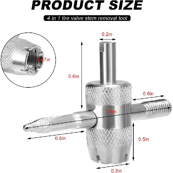 4-Way Valve Core Tool Tire Valve Tools, 4-in-1 Tyre Valve Core Tool Tire Stem Core Wrench, Multifunctional 4 Way Valve Stem Remover Tire Repair Tool