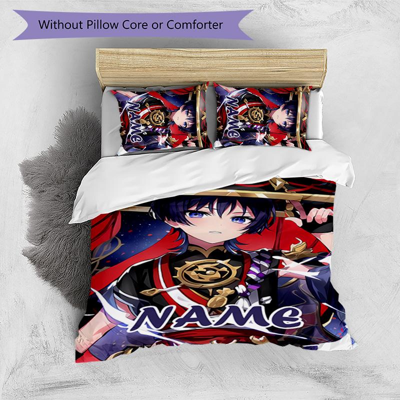 3pcs Genshin Impact4 Cover Set - Personalized Name, HD Printed Bedding with 1 Cover and 2 Pillowcases - Perfect for Home Decor, Easy Care