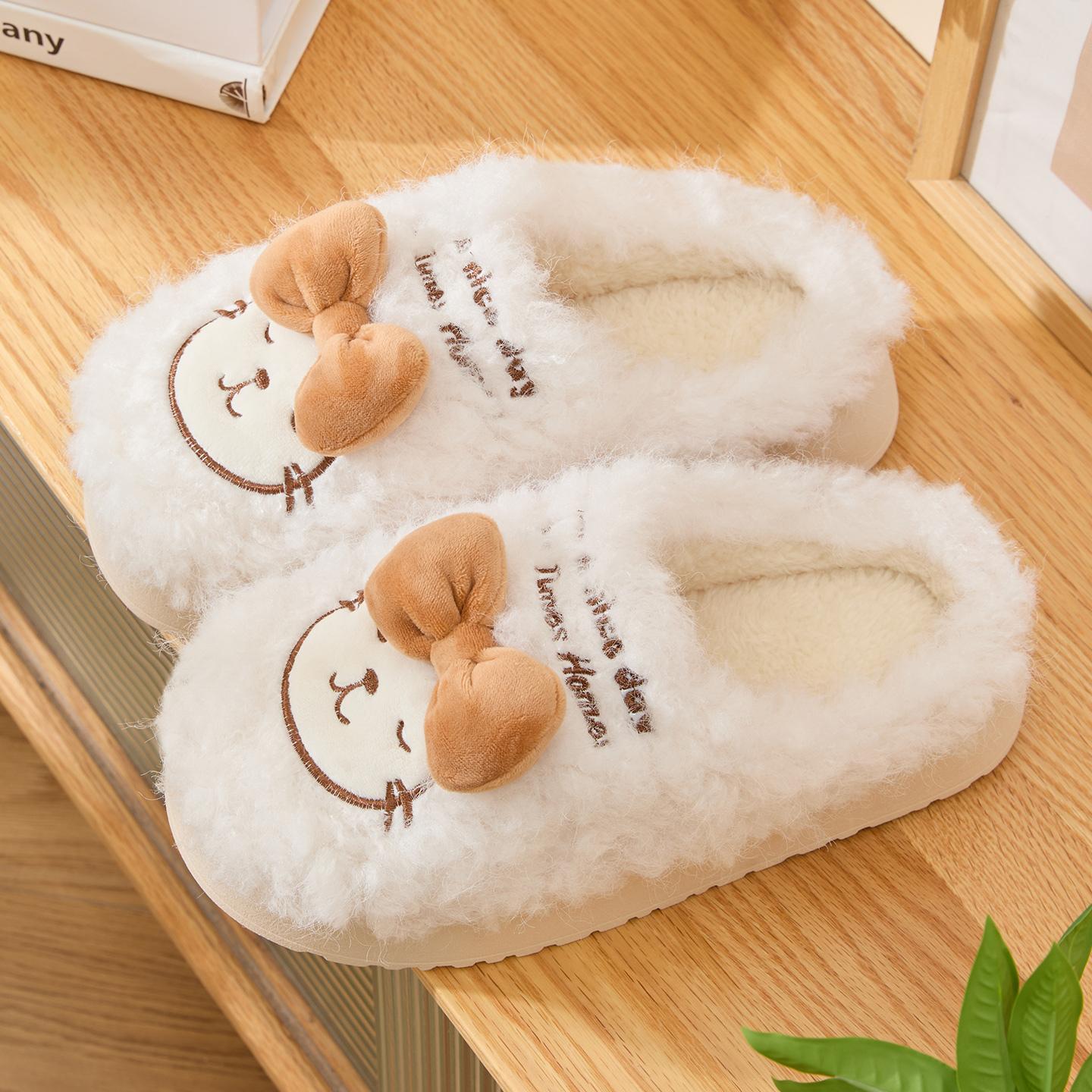 

Милые женские домашние тапочки плюшевые теплые с толстой подошвой шлепанцы дышащие мягкие нескользящие тапочки 40-41 белый