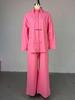 European & American Women's 2025 Summer Two-Piece Set: Sweet Fresh Lapel Beaded Shirt with High Waist Straight Leg Pants.