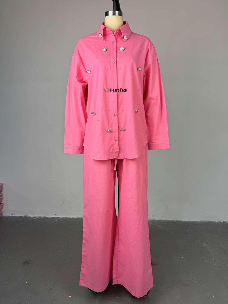 European & American Women's 2025 Summer Two-Piece Set: Sweet Fresh Lapel Beaded Shirt with High Waist Straight Leg Pants.