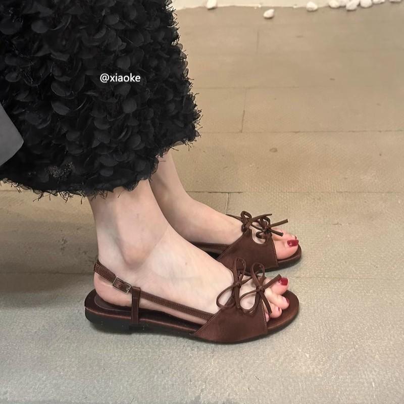 2025 summer new satin bow open-toed flat-soled soft-soled sandals round head outer wear flat-heeled cool slippers