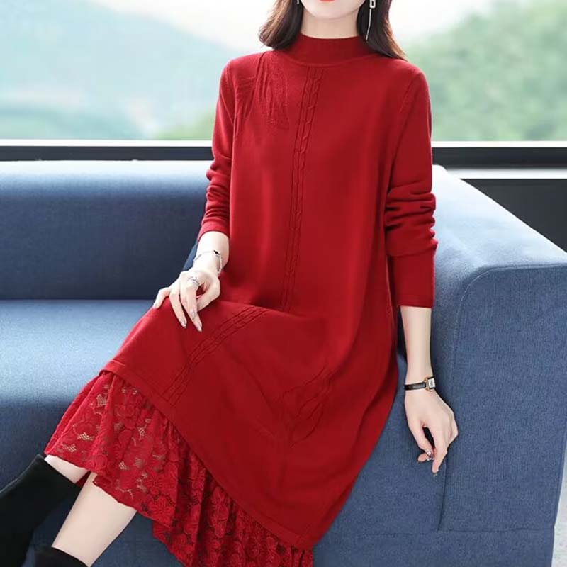 

Сукня для жінки Бавовна Зима Вінтажний Повсякденний Довгий В язаний Светр Сукні L червоний