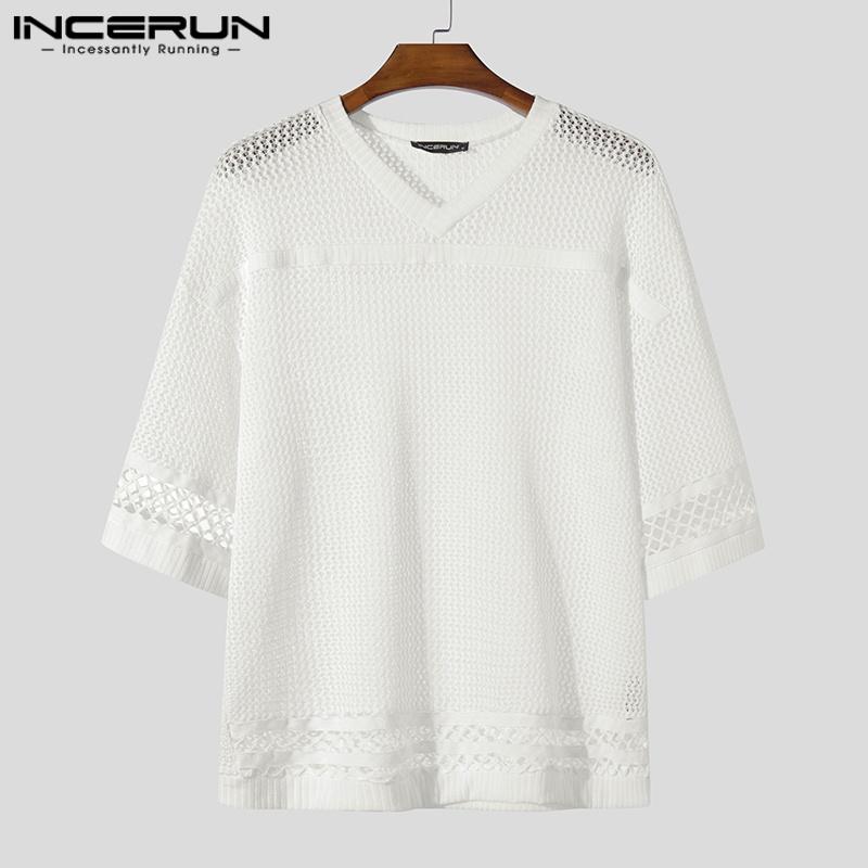 INCERUN Oversized Men Summer O-neck Half Sleeve Hollow See Through T-Shirts
