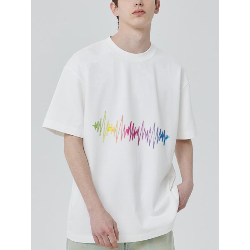 Oversized T Shirt White Rainbow Wave Pattern Print Casual Everyday Wear