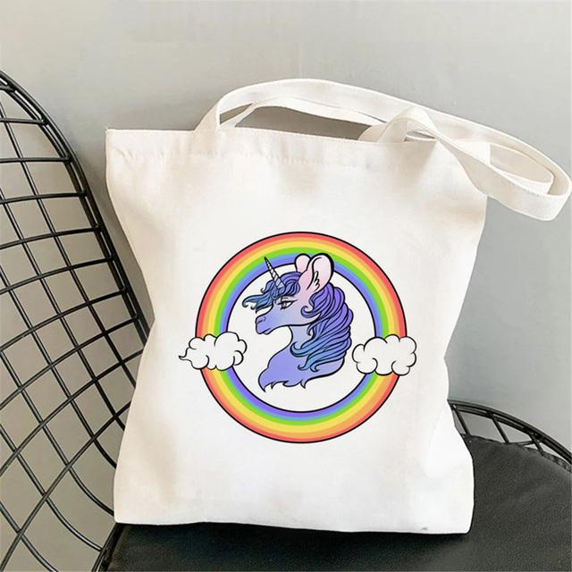 Cute Rainbow Shopping Bags Eco Shopper Canvas Jute Bag Reusable Woven Bag Funny Women'S Shoulder Bags Kawaii Girls