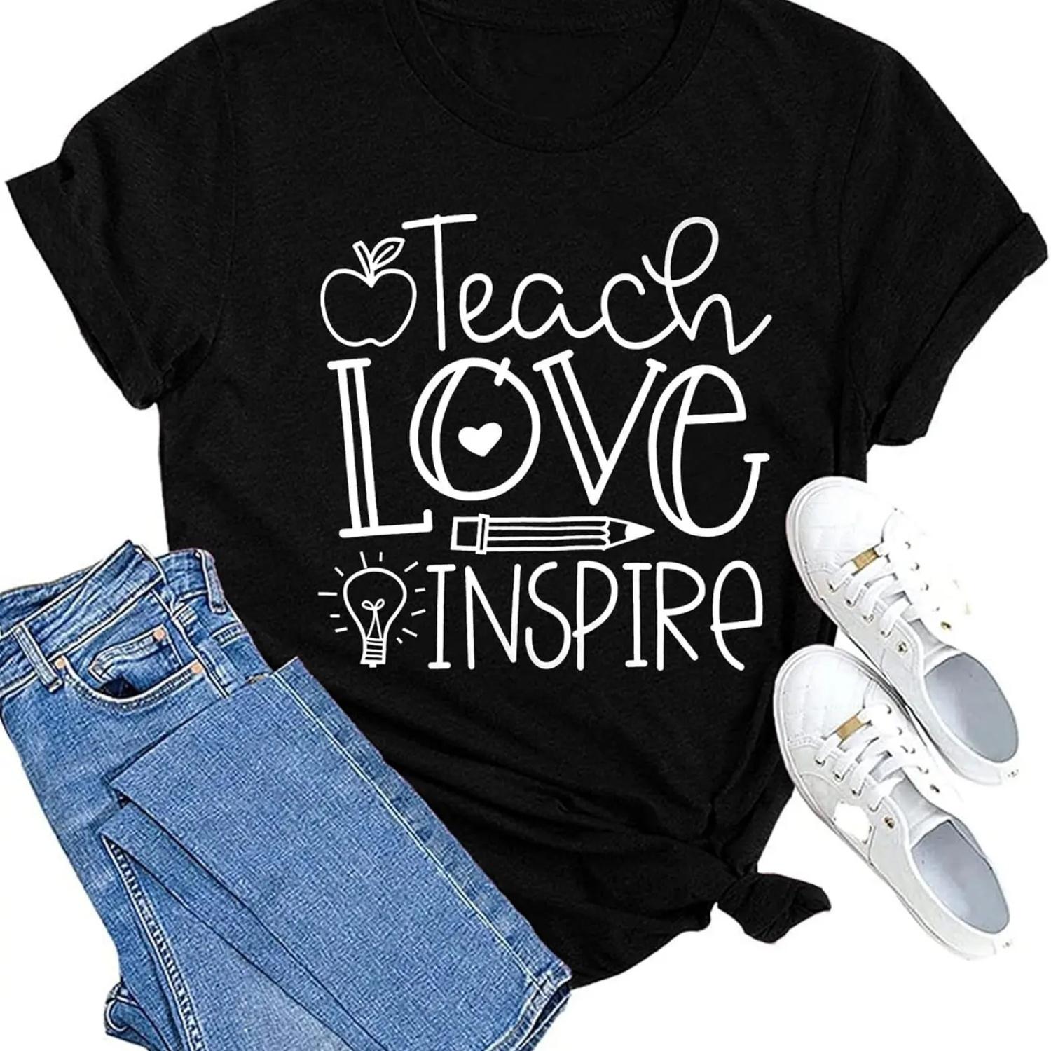 MAIHUN Womens Teacher Life Shirt Teach Love Inspire Tshirt Teach Tee Tops S чёрный