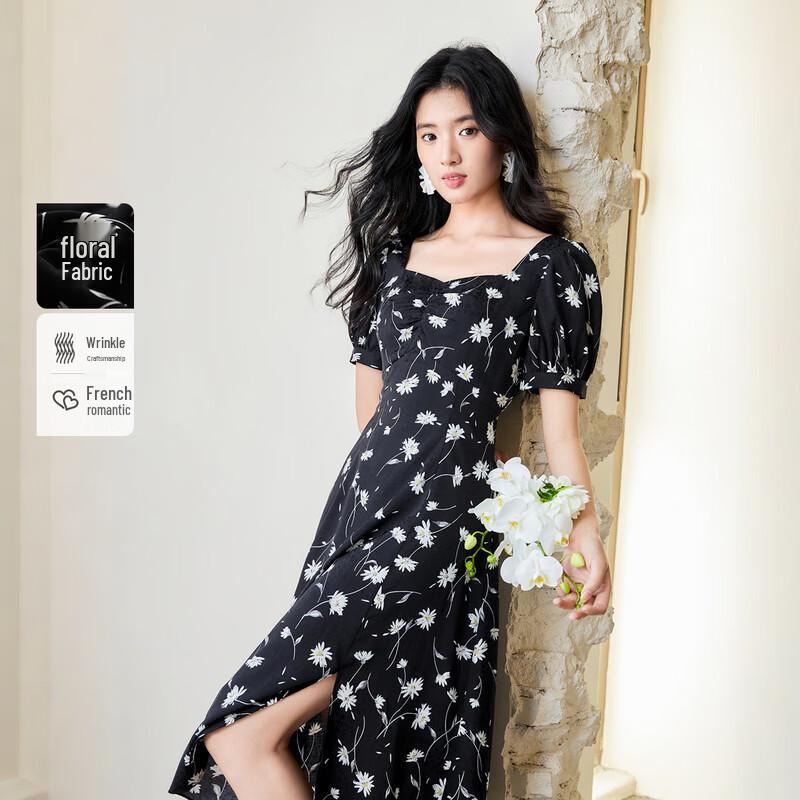 Women s French Diamond Collar Puff Sleeve Midi Dress M