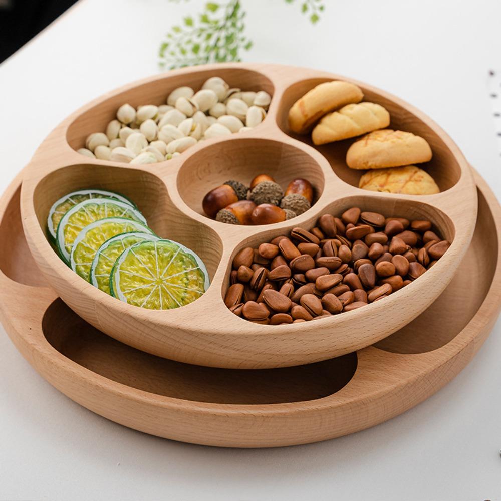 With 5 Dining Grids Food Serving Tray Solid Wood Dried Fruit Plate Perfect Snack Plate Party