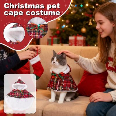 Weihnachtliches Karomuster Haustierumhang mit Kapuze - Festlicher Haustierumhang, Warmer Fleecegefütterter Haustiermantel für Hunde & Katzen, Feiertags-Haustierkostüm mit Schleife & Glocke