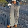 Women Casual Pants Straight Wide Leg Striped Print Long Trousers Adjustable Waist Strap Loose Fit Lounge Pants
