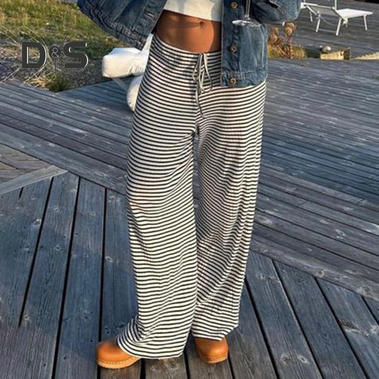 Women Casual Pants Straight Wide Leg Striped Print Long Trousers Adjustable Waist Strap Loose Fit Lounge Pants