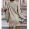 Bodycon Sweater Dress Long Lantern Sleeve Stand Collar Pure Color Ribbed Mini Sweater Dress for