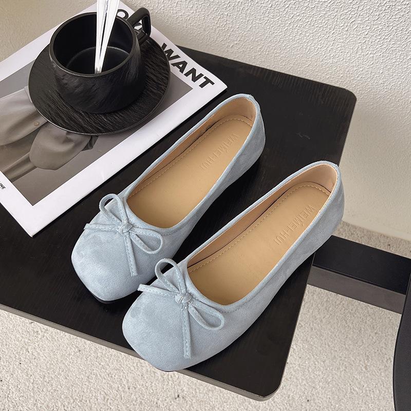 

Internet celebrity suede single shoes women s 2025 spring new square head bow evening wind flat one pedal Doudou shoes 40 синій