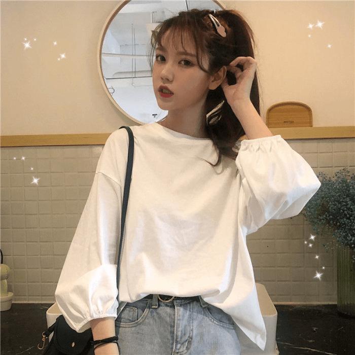 Pure cotton, round neck long-sleeved t-shirt women s versatile design sense loose college trench shirt student foreign style isn t M