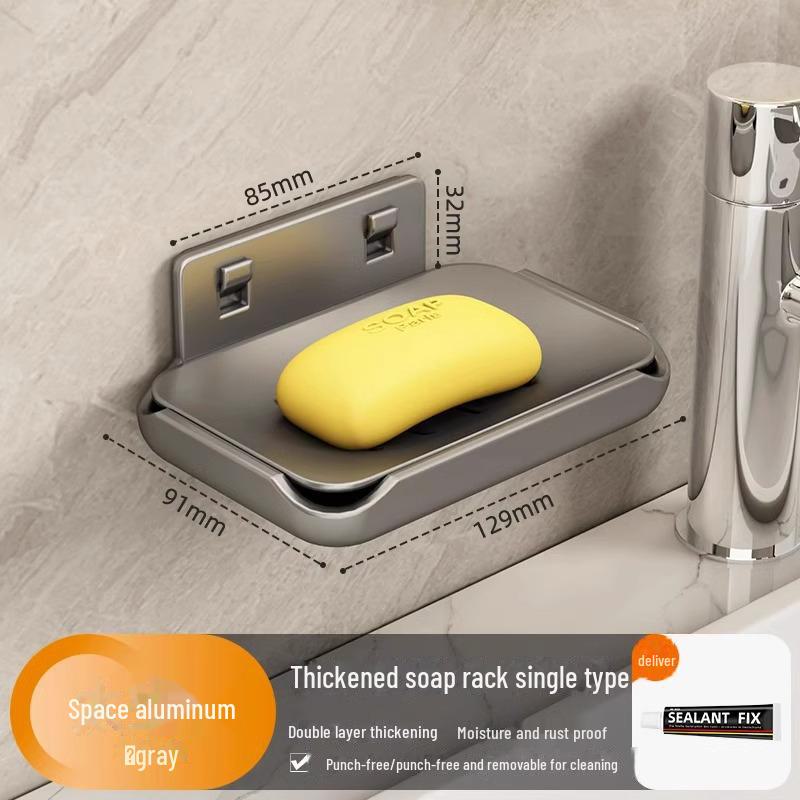 Punch-Free Wall-Mounted Soap Rack, Space-Saving Aluminum with Dual Drain Design