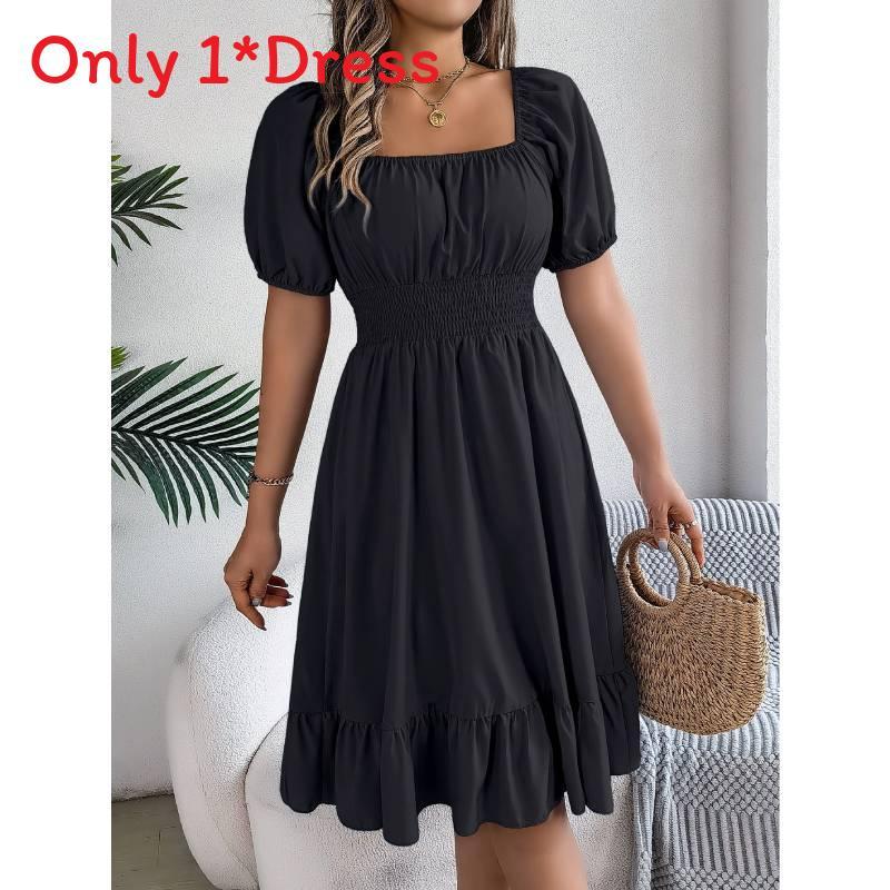 Euro Street Style Short Sleeve A Line Dress With Ruffle Hem For Casual Wear