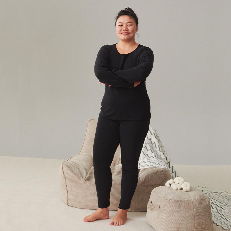 Cotton Thermal Underwear Thickened Plus Size Women's Suit Double-sided Brushed Bottoming Round Neck Winter