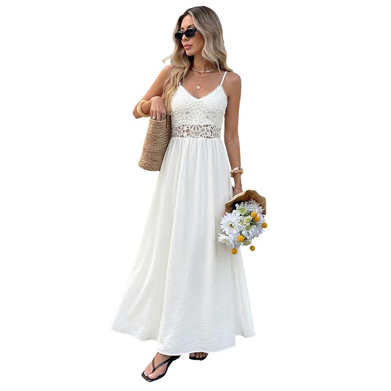 Women's Summer Plaid Solid Color Open V Neck Beach Dress