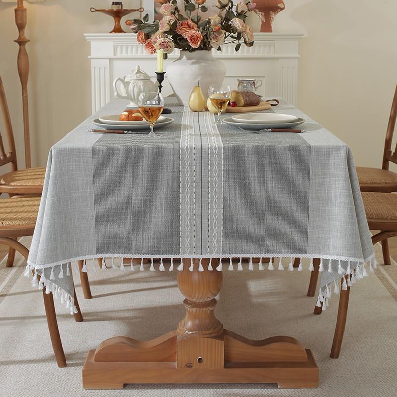 Nordic Style Cotton Linen Tablecloth With Fringe Tassels Woven Stripe Rectangular Dining Table Cover Christmas Home