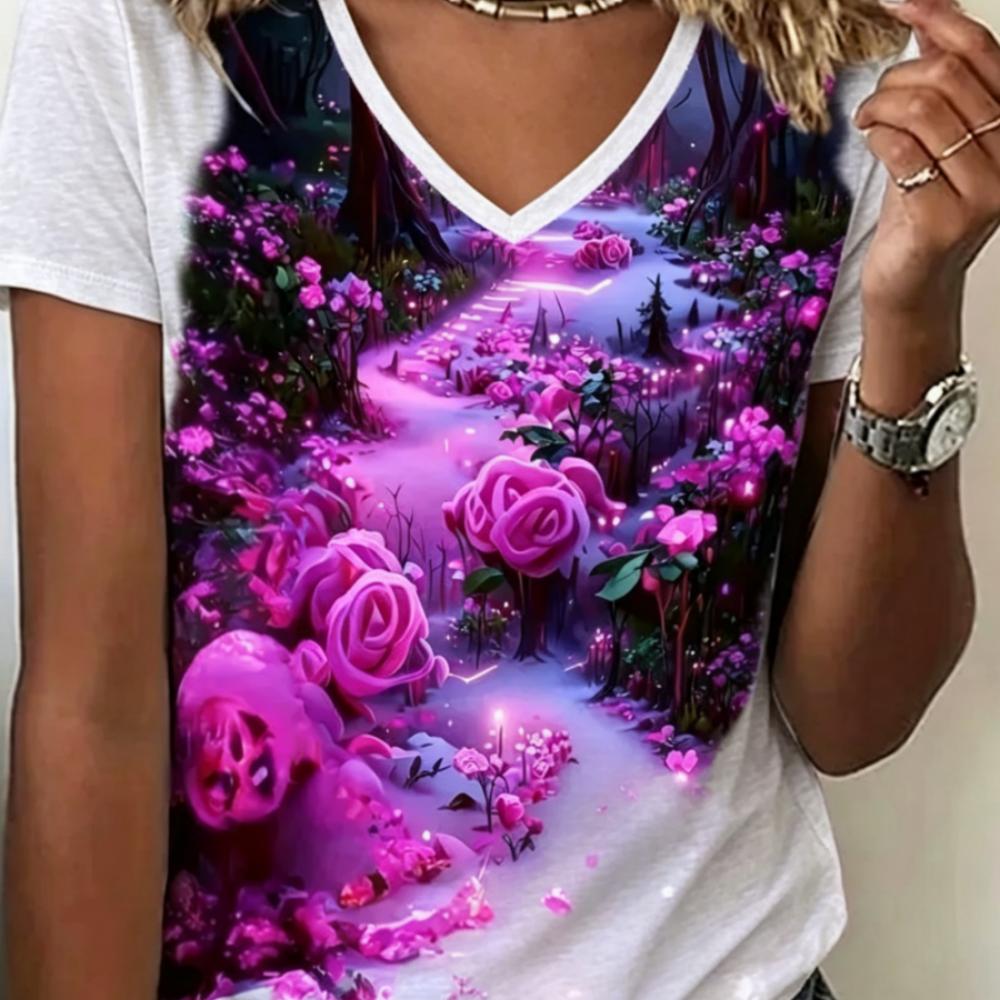 Summer Women's 3D Printed V-Neck T-Shirt Fashion Versatile Breathable Trend Casual
