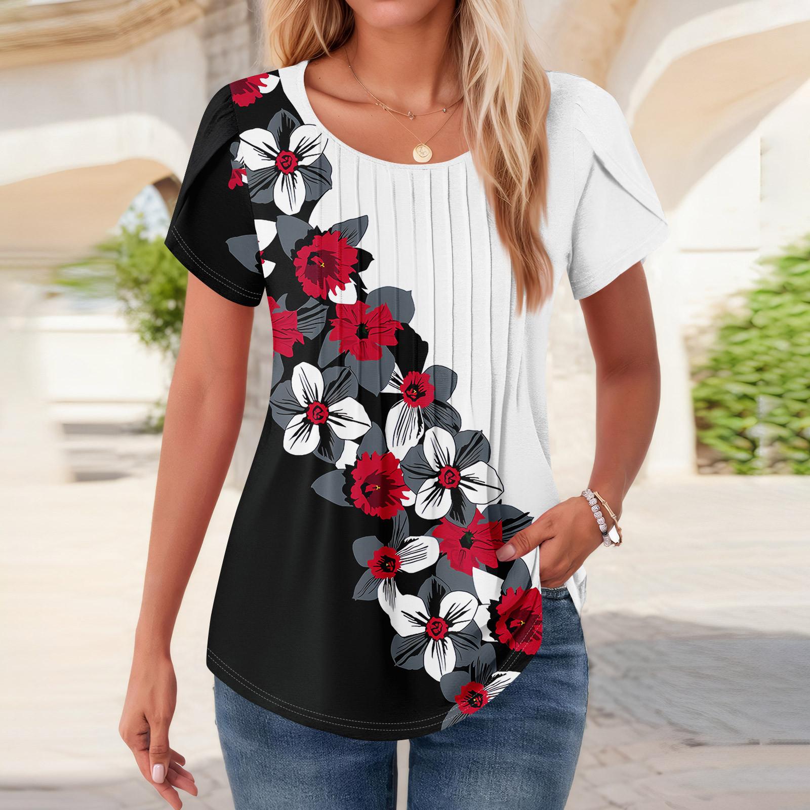 

Женские топы с коротким рукавом и круглым вырезом, летние рубашки с цветочным принтом, блузки для женщин, нарядные повседневные XXL винный