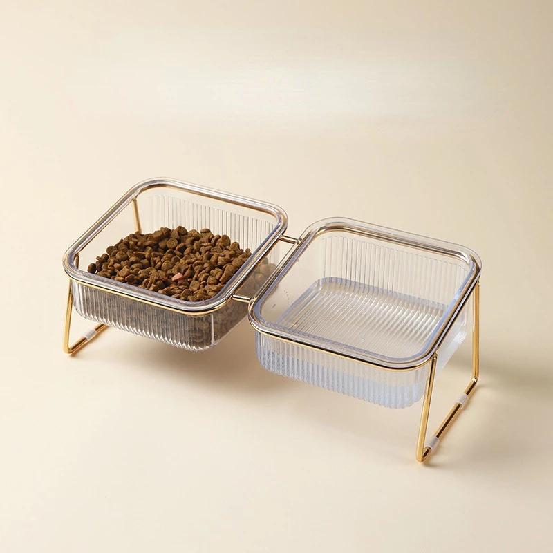 Professional Cat Double Bowl New with Stand and Mat Pet Kitten Puppy Transparent Food Feeding Dish Metal Elevated Water Feeder Dog Supplies