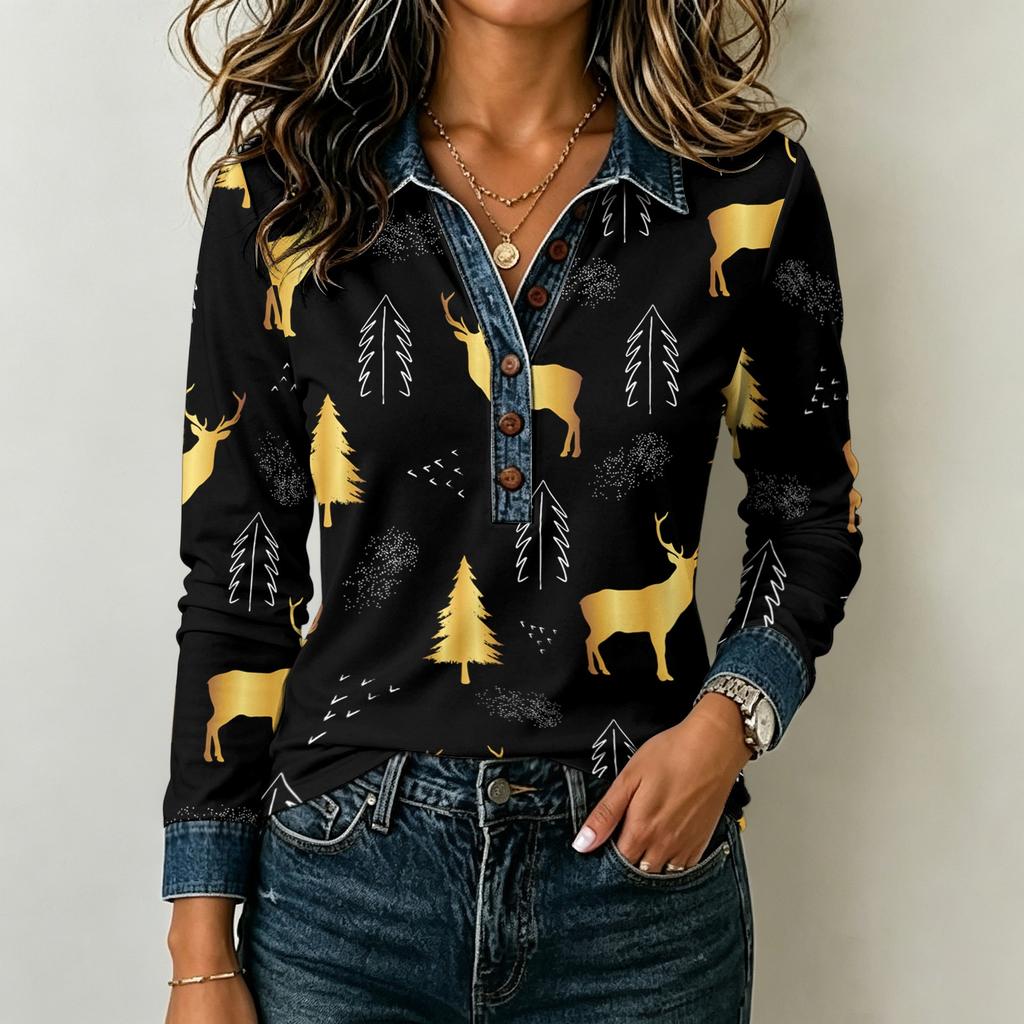Women's Casual Long Sleeve Top Loose Fit Stylish Color Block Patchwork Shirt Comfortable Everyday Blouse