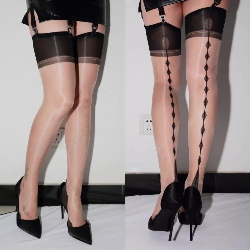 Women Sexy Ultra Thin Transparent Thigh High Stockings 5D Oil Glossy Cuban Heel Back Seam Party Socks Pole Dance Clubwear