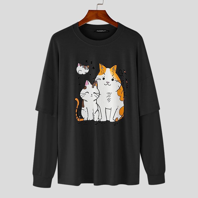 

INCERUN свободные мужские весенние топы с длинным рукавом и милым мультяшным принтом повседневные лоскутные топы 4XL