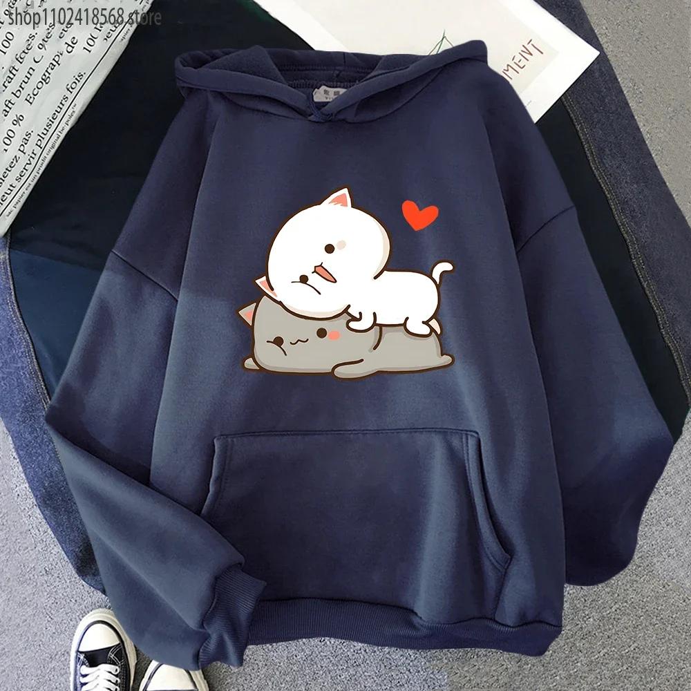 Peach Cat Print Hoodie Kawaii Cartoon Goma Mochi Sweatshirt Women's Clothing Femme Korean Style Streetwear Men Hoody