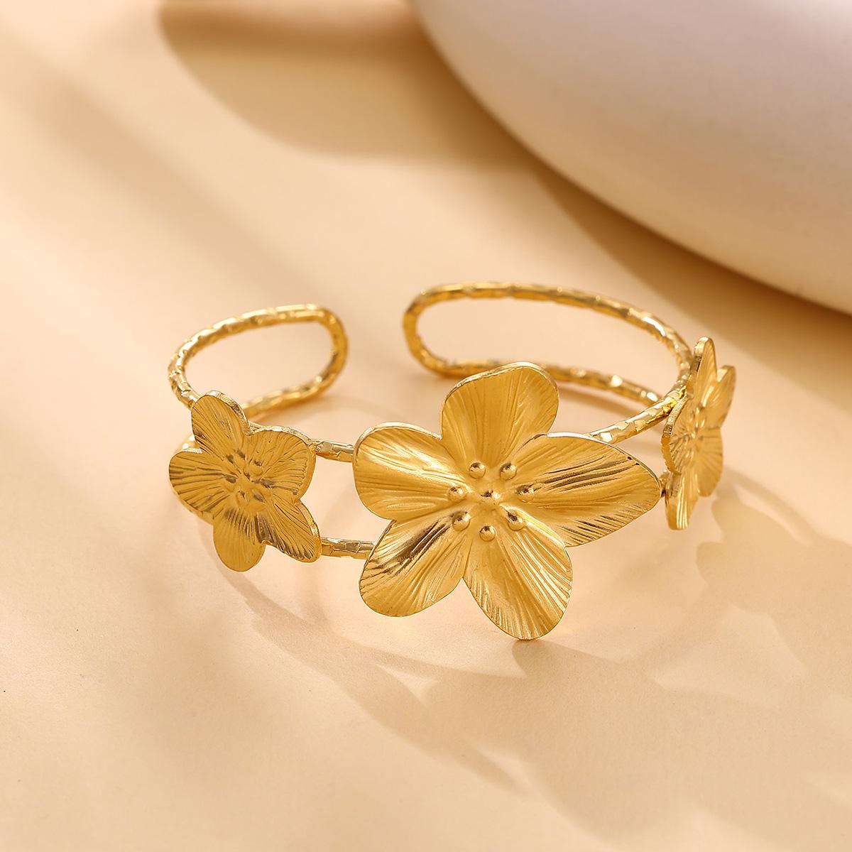 

Chunky Adjust Double Layer Cuff Bracelet Women Punk 2025 Fashion Flower Sun Bangle Gold Color Stainless Steel Waterproof Jewelry adjust