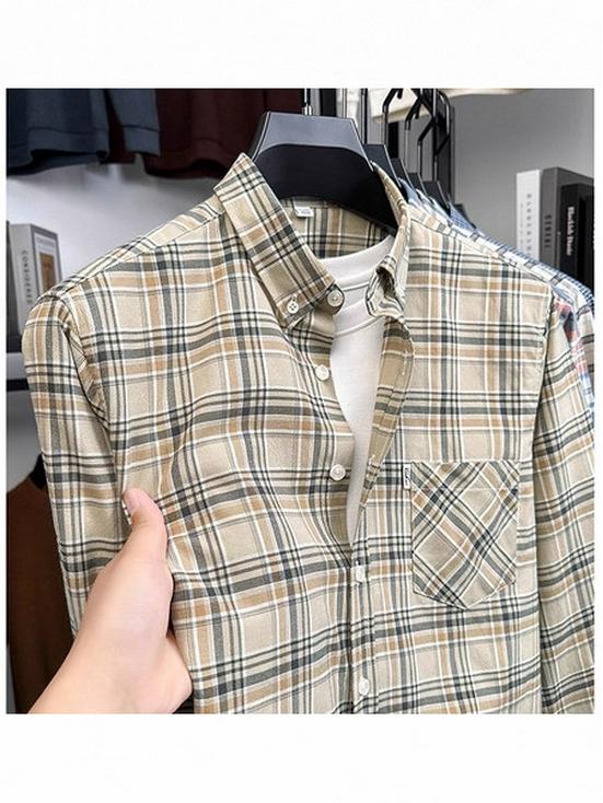 Herr Premium Långärmad Rutig Bomullsskjorta: Nedvikt krage, Vår/Höst Business Casual