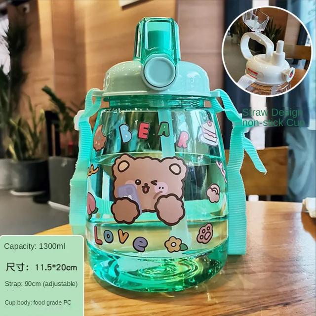 1300 ML Large Capacity Outdoor Sports Water Bottle with Straw Strap Creative Cute Sticker Portable Plastic Kids Sippy Water Cup