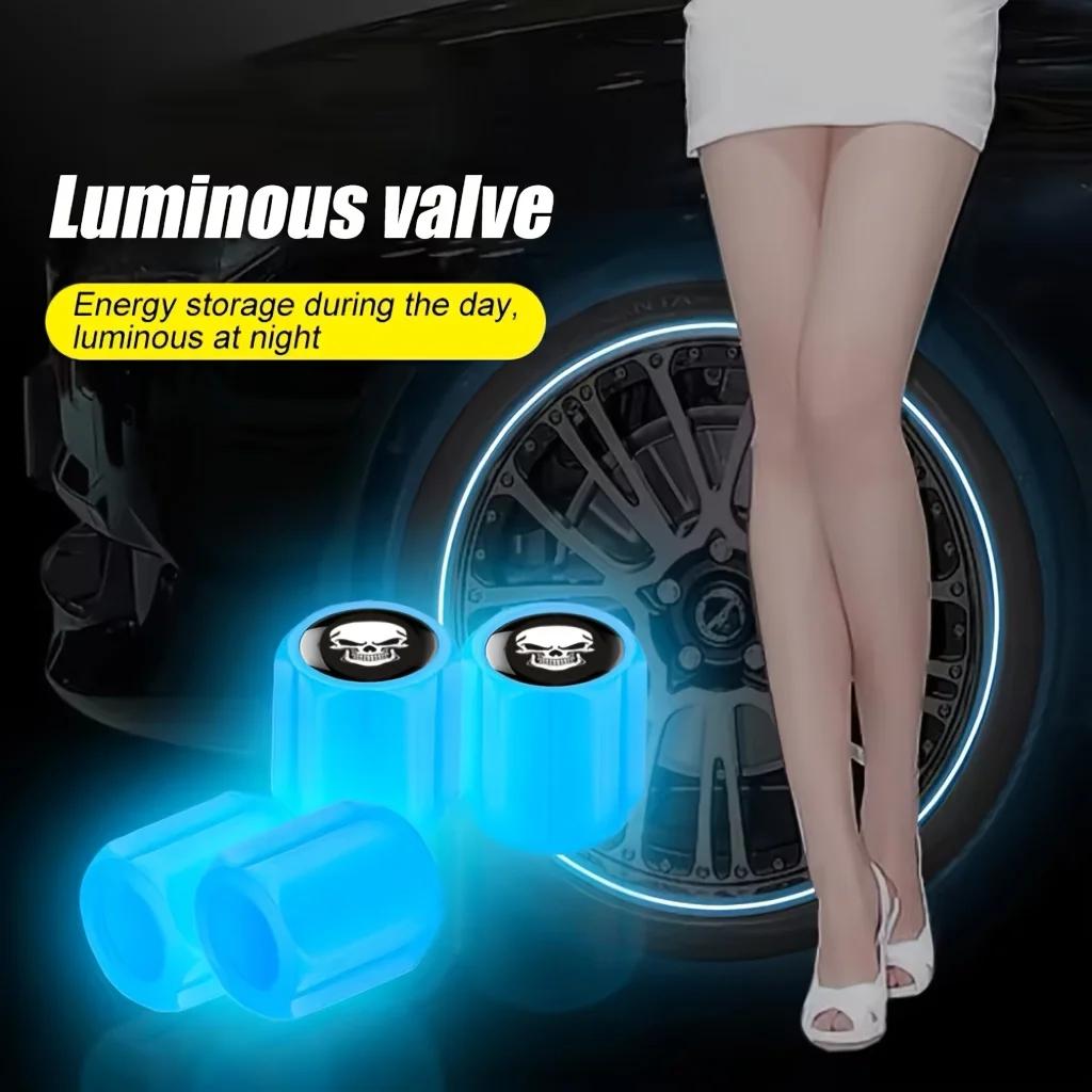 4 new fluorescent skull tire valve covers, fashionable luminous wheel hub valve caps suitable for cars