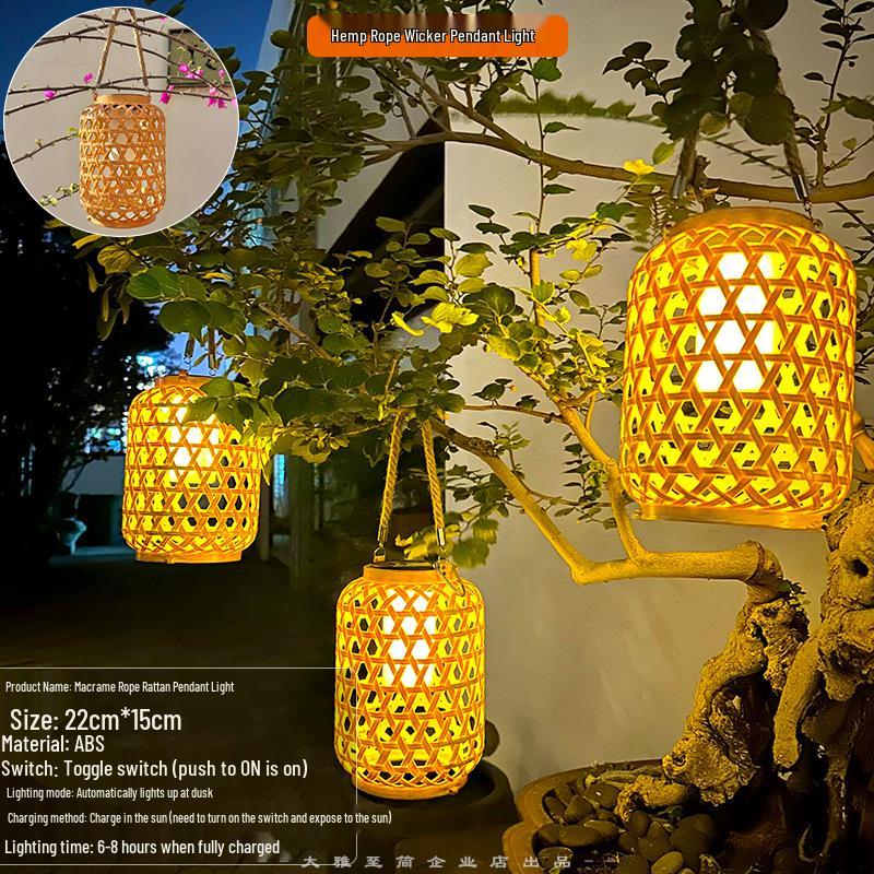 Solar Rattan Lantern with Hemp Rope Handle: Retro Style, 10 High-Brightness LED Beads