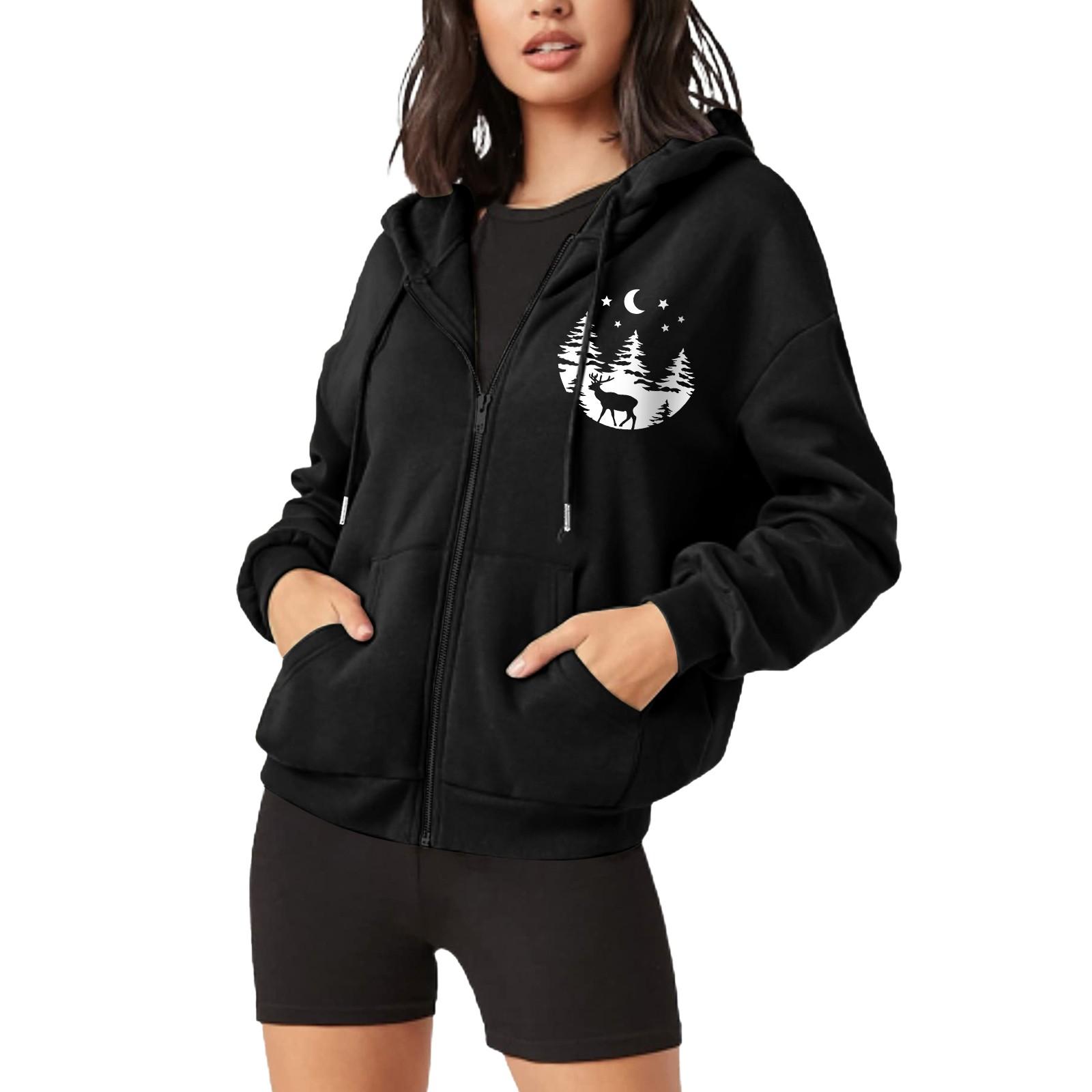 

Женская мода с Рождеством однотонная застежка-молния на шнуровке повседневная толстовка с капюшоном и длинными рукавами пальто S чёрный